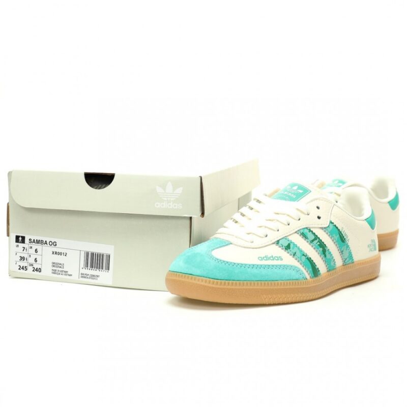【AT12407】ノースフェイス x アディダスオリジナルス コラボ Samba OG グリーンアイボリー レザースニーカー | The North Face x Adidas