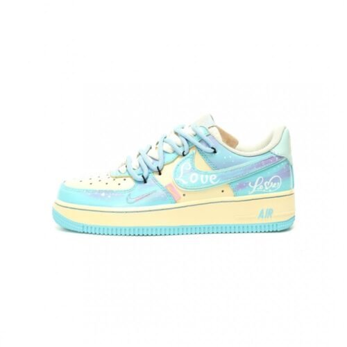 【AT12774】Nike Air Force 1 クリームイエローとブルーのグラフィティデザインスニーカー | OffWhite x Nike