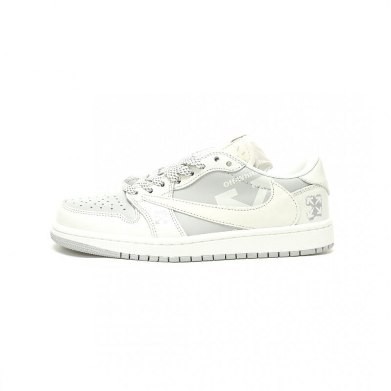 【AT14395】Travis Scott × Off-White × Nike Air Jordan 1 Low スニーカー - グレーと白のコラボデザイン | Travis Scott x Nike