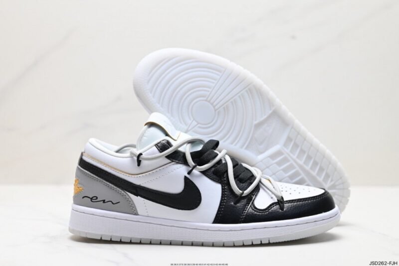 【AT1589】オリジナルの靴型をアップグレードし、柔らかいリッチグレイン牛革を使用した、Off-White™のディストーション風デザインを施したナイキAir Jordan 1 Low"Chinese Style"AJ1。内部にはエアクッションと耐摩耗性のあるラバーソールが内蔵されています。