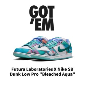【AT3020】Futura Laboratories X Nike SB Dunk Low Pro "Bleached Aqua"ダンクシリーズの低カットモデル、アートマスターが手掛けたコラボモデル。白と水色の水晶染めのグラフィティが施された、ボードスニーカー。HF6061-400 男女兼用