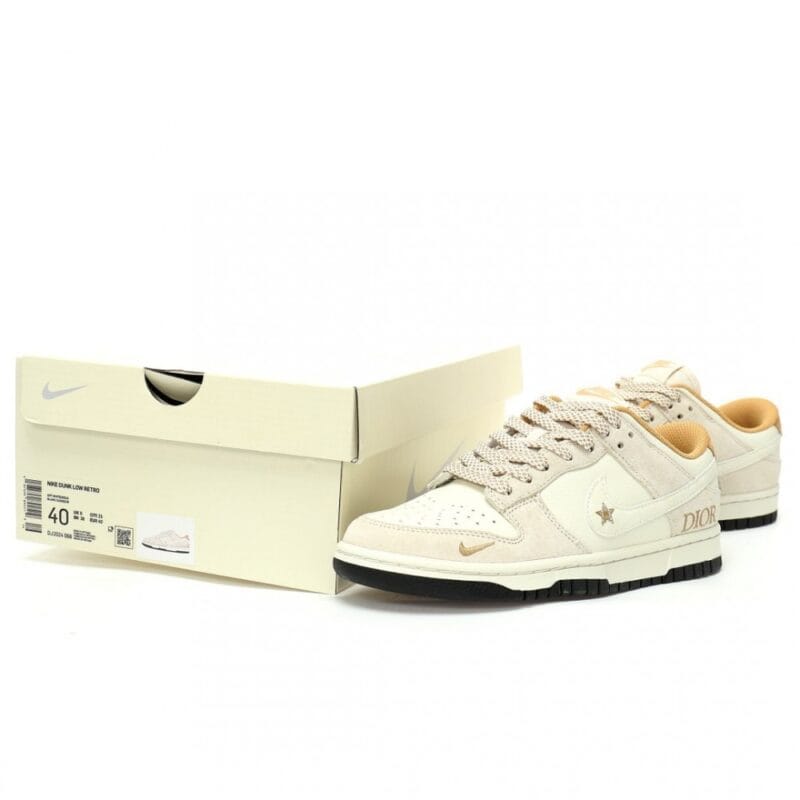【AT3196】Dior x Nike SB Dunk Low"Dior" クリエイティブカスタムコラボ、フランスのハイエンドファッションブランド・ディオール ダンクシリーズのローカットカジュアルスケートボードシューズ "コラボ白色カーキDIOR刺繍"