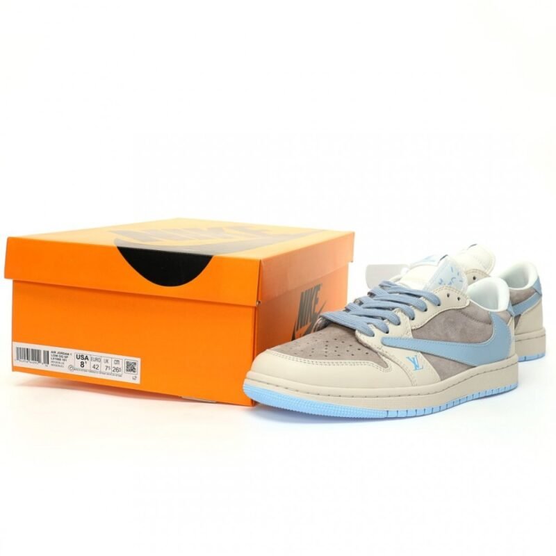 【AT3210】Louis Vuitton x Travis Scott x Nike Air Jordan 1 Low OG SP "Beige/Light Blue/Gold LV" AJ1は、クラシックな低カット文化、カジュアル、スポーツ、バスケットボールに適したシューズです。