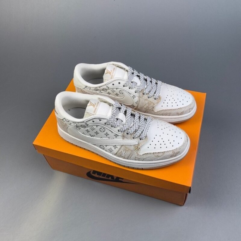 【AT3224】Louis Vuitton x Travis Scott x Air Jordan 1 Low ルイヴィトン×トラビス・スコット×エア ジョーダン 1 ロー LV コーデュロイ デニム オフホワイト AJ1 ジョーダン1 代