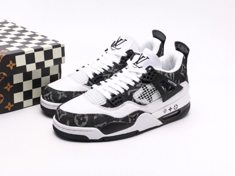 【AT3229】Louis Vuitton x Air Jordan 4 Retro ルイ・ヴィトン × エアジョーダン4レトロシリーズ シューズ全体はレザー素材で作られ、アッパーには白色のLVのプリントが主体フレームとして使用されています。