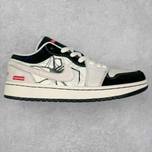 【AT3249】Nike x Supreme Air Jordan 1 のコラボレーションローカットシューズ、ブラックホワイトグラフィティデザイン- トレンドアート、限定モデル。