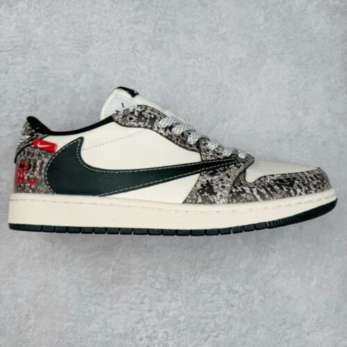【AT3250】Nike x Cactus Jack Air Jordan AJ1 Low コラボ ローカット スニーカー ブラックホワイト スネーク柄 限定版 - 流行の新定義、ユニークなデザイン
