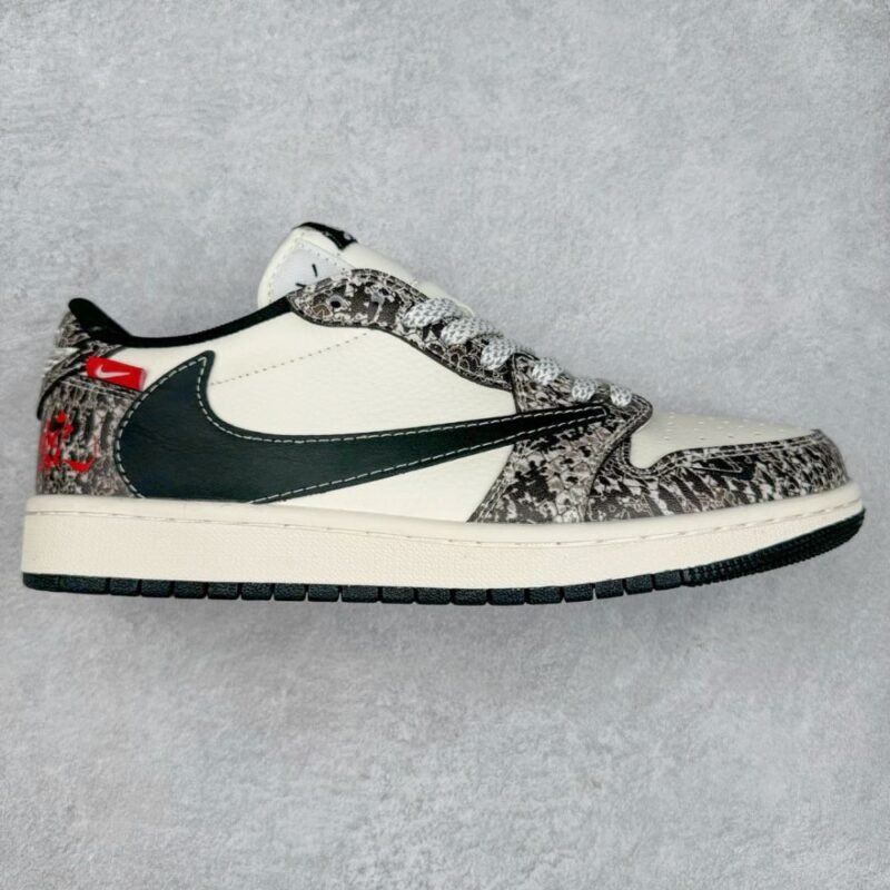 【AT3250】Nike x Cactus Jack Air Jordan AJ1 Low コラボ ローカット スニーカー ブラックホワイト スネーク柄 限定版 - 流行の新定義、ユニークなデザイン