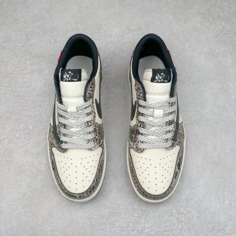 【AT3250】Nike x Cactus Jack Air Jordan AJ1 Low コラボ ローカット スニーカー ブラックホワイト スネーク柄 限定版 - 流行の新定義、ユニークなデザイン