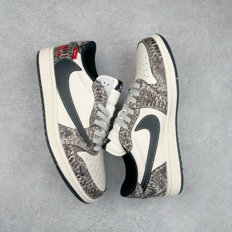 【AT3250】Nike x Cactus Jack Air Jordan AJ1 Low コラボ ローカット スニーカー ブラックホワイト スネーク柄 限定版 - 流行の新定義、ユニークなデザイン