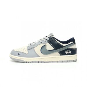 【AT3286】ファッションのレトロスタイル、Stüssy x Nike コラボレーションユニセックスシューズ Nike Dunk Low Retro Stüssy グレーとブルーのダブルフックローカットカジュアルスポーツシューズ