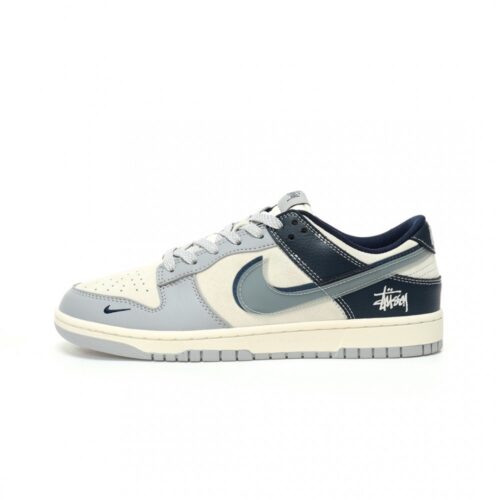 【AT3286】ファッションのレトロスタイル、Stüssy x Nike コラボレーションユニセックスシューズ Nike Dunk Low Retro Stüssy グレーとブルーのダブルフックローカットカジュアルスポーツシューズ