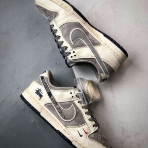 【AT3297】Nike Dunk x Stussyのコラボクラシックスニーカー、Nike Dunk Low Retro、ステューシー ホワイトプリントグレーSwoosh ロープロファイルなカジュアルスポーツシューズ