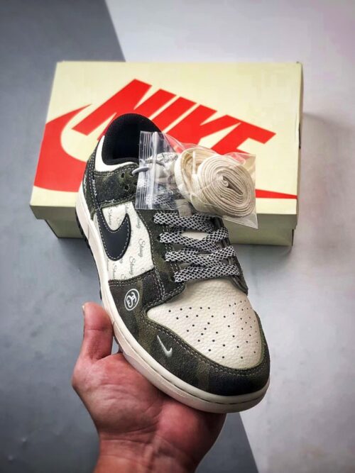 【AT3298】Nike Dunk x Stussy コラボレーションのクラシックスポーツシューズ、Nike Dunk Low Retro ステューシー ホワイト/ダークグリーン ローカットカジュアルスポーツシューズ