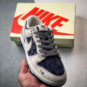 【AT3301】Nike Dunk x Stussyのコラボクラシックスニーカー、Nike Dunk Low Retroがステューシーミディアムグレーとディープブルーシーディ 形式のスエードオープンロープレジャーシューズ