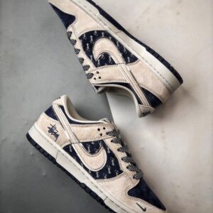 【AT3301】Nike Dunk x Stussyのコラボクラシックスニーカー、Nike Dunk Low Retroがステューシーミディアムグレーとディープブルーシーディ 形式のスエードオープンロープレジャーシューズ