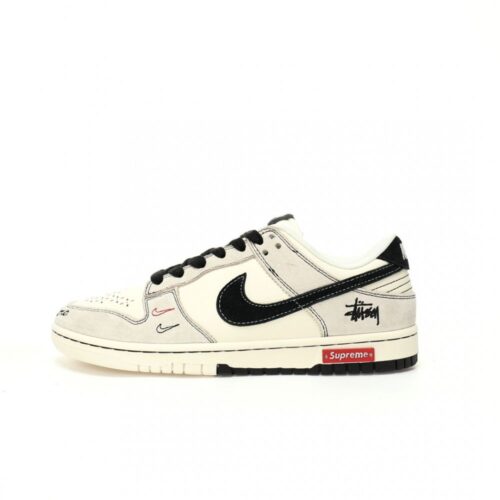 【AT3315】Nike x Stussy コラボレーションシリーズのスポーツシューズ、Nike Dunk Low Retro ステューシーグレーホワイトブラック刺繍ミニダブルフックローカットカジュアルスポーツシューズ