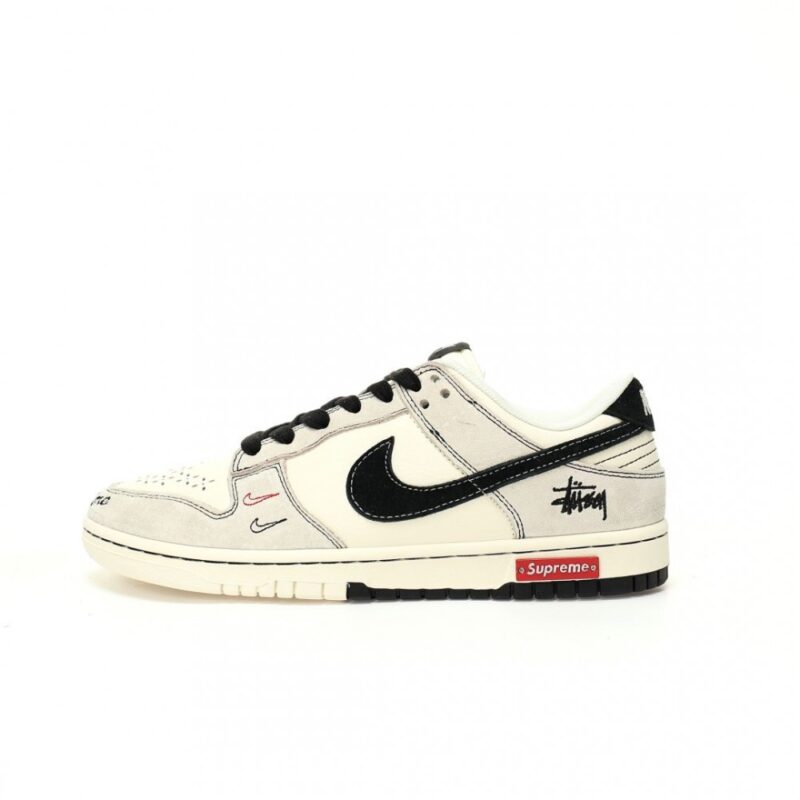 【AT3315】Nike x Stussy コラボレーションシリーズのスポーツシューズ、Nike Dunk Low Retro ステューシーグレーホワイトブラック刺繍ミニダブルフックローカットカジュアルスポーツシューズ