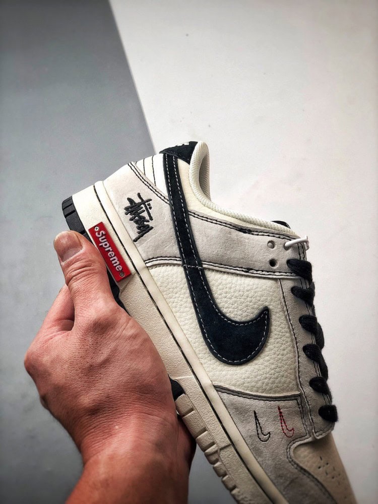 【AT3315】Nike x Stussy コラボレーションシリーズのスポーツシューズ、Nike Dunk Low Retro ステューシーグレーホワイトブラック刺繍ミニダブルフックローカットカジュアルスポーツシューズ