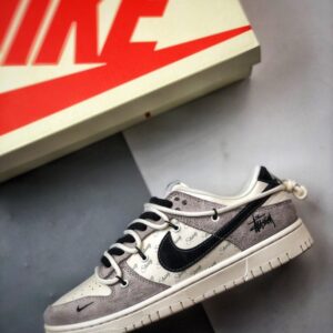 【AT3322】Nike x Stussy コラボデザインスニーカー - トレンディなNike Dunk Low Retro ステューシー グレー ブラック ディストラクションストラップ ロープトップ カジュアルスポーツシューズ