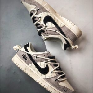 【AT3322】Nike x Stussy コラボデザインスニーカー - トレンディなNike Dunk Low Retro ステューシー グレー ブラック ディストラクションストラップ ロープトップ カジュアルスポーツシューズ