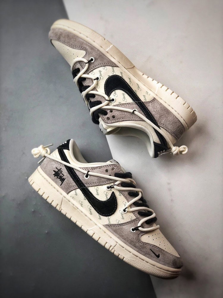 【AT3322】Nike x Stussy コラボデザインスニーカー - トレンディなNike Dunk Low Retro ステューシー グレー ブラック ディストラクションストラップ ロープトップ カジュアルスポーツシューズ
