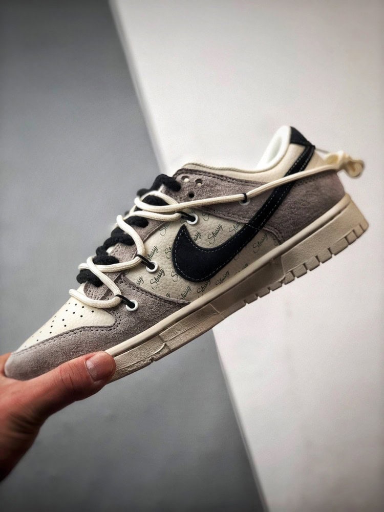 【AT3322】Nike x Stussy コラボデザインスニーカー - トレンディなNike Dunk Low Retro ステューシー グレー ブラック ディストラクションストラップ ロープトップ カジュアルスポーツシューズ