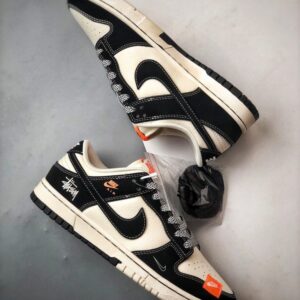 【AT3327】Nike x Stussyコラボレーションのブラック＆ホワイトのトレンドスポーツシューズ、Nike Dunk Low Retro。ステューシーのブラックオレンジカラーが特徴のローカットカジュアルスポーツスニーカー。