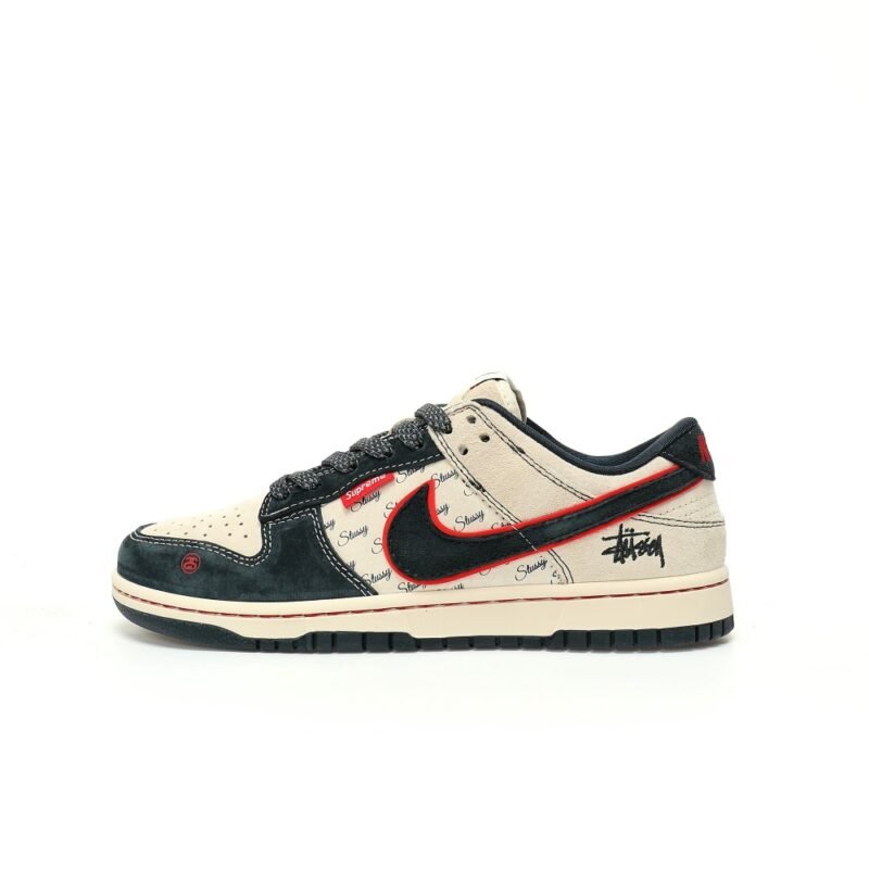 【AT3332】Stussy x Supreme x Nike のコラボスニーカー、クラシックなストリートスタイルNike Dunk Low Retro ステューシーの深紅色と青色の低カットカジュアルスポーツシューズ