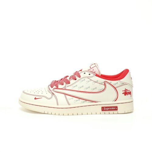 【AT3339】Nike x Stüssy x Supremeのコラボレーション Air Jordan 1 Low OGが、スタイリッシュでカジュアルなデザインで、ホワイトとレッドのカラーリングが特徴です。高品質な製造工程を経て作られた、このスニーカーは大人気アイテムです。
