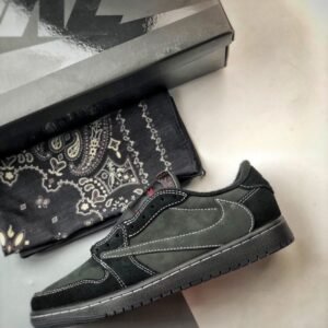 【AT3340】Nike x Travis ScottコラボAJ1 LowクラシックブラックリバーススウッシュスニーカーTravis Scott x Air Jordan 1 Low OGコラボブラックサムライ幽霊ロゴ刺繍効果