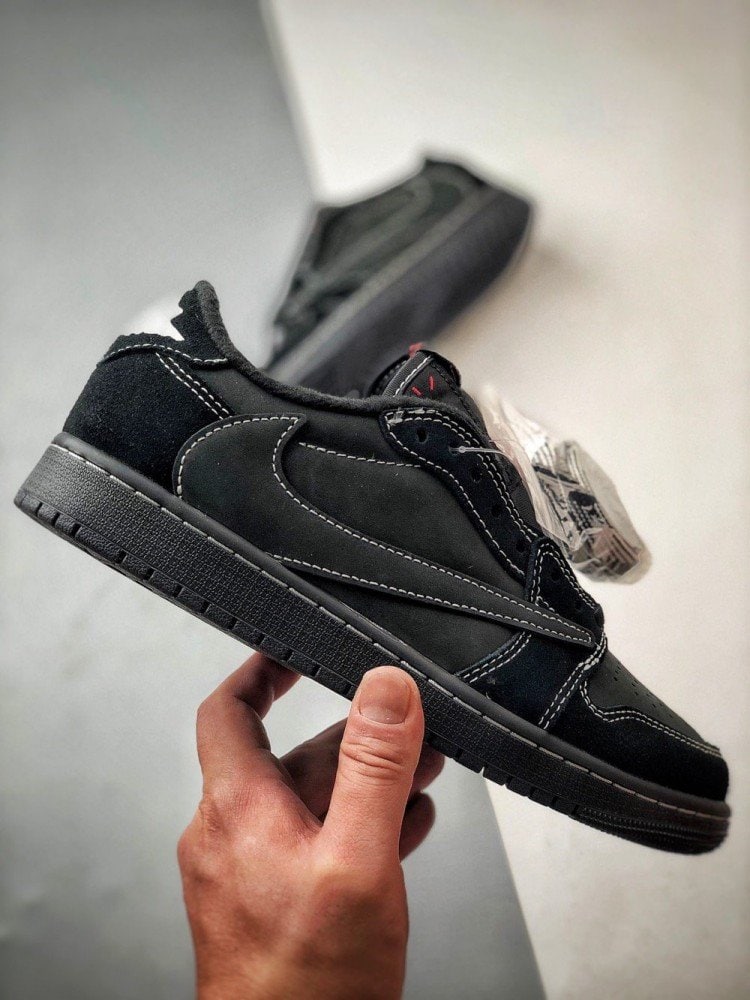 【AT3340】Nike x Travis ScottコラボAJ1 LowクラシックブラックリバーススウッシュスニーカーTravis Scott x Air Jordan 1 Low OGコラボブラックサムライ幽霊ロゴ刺繍効果