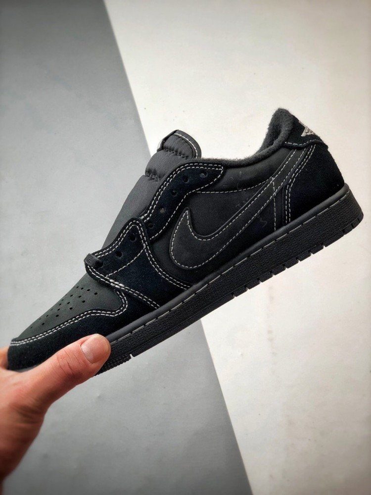 【AT3340】Nike x Travis ScottコラボAJ1 LowクラシックブラックリバーススウッシュスニーカーTravis Scott x Air Jordan 1 Low OGコラボブラックサムライ幽霊ロゴ刺繍効果